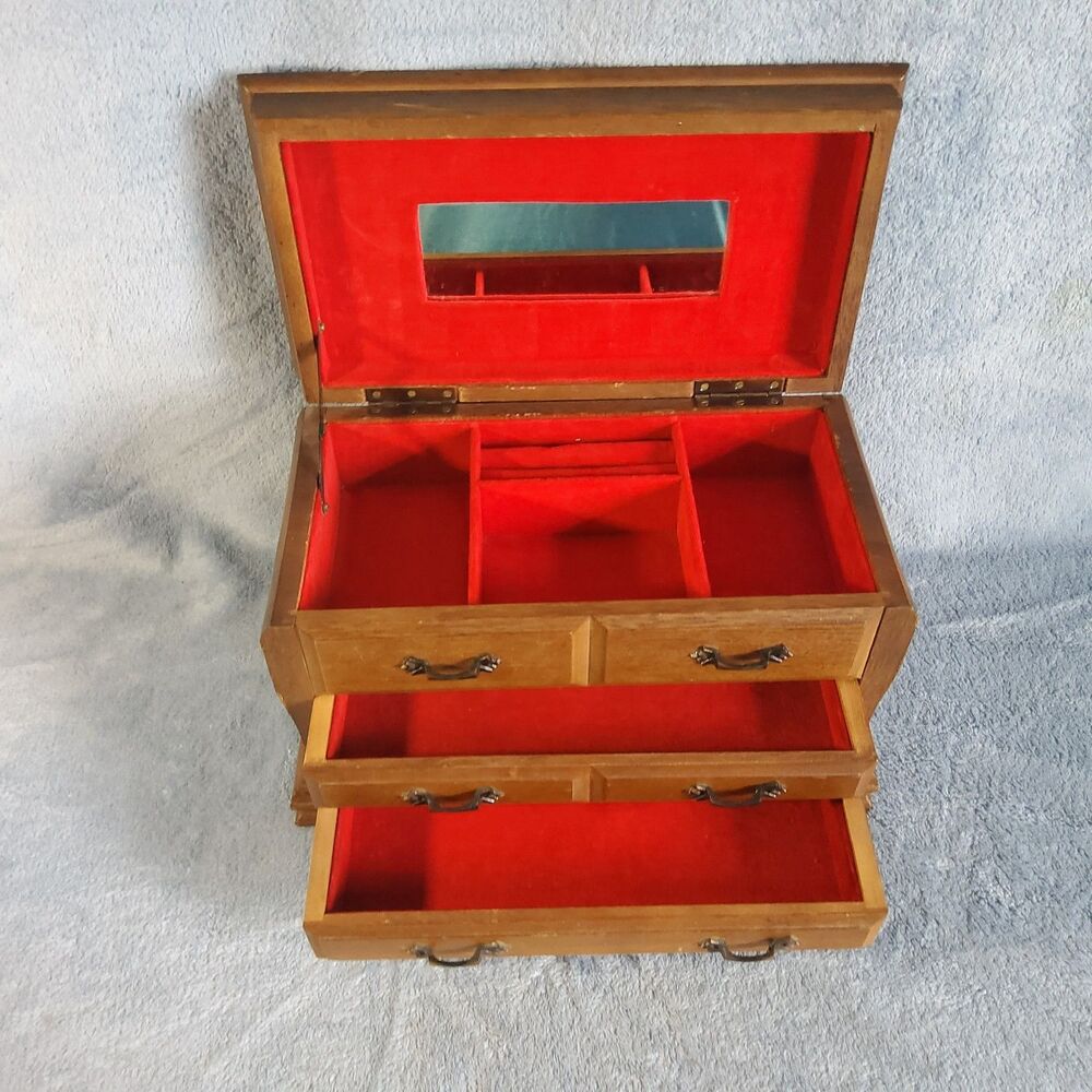 Vintage Wooden Jewelry Armoire Chest Storage Box Red Velvet Lining Made in Japan